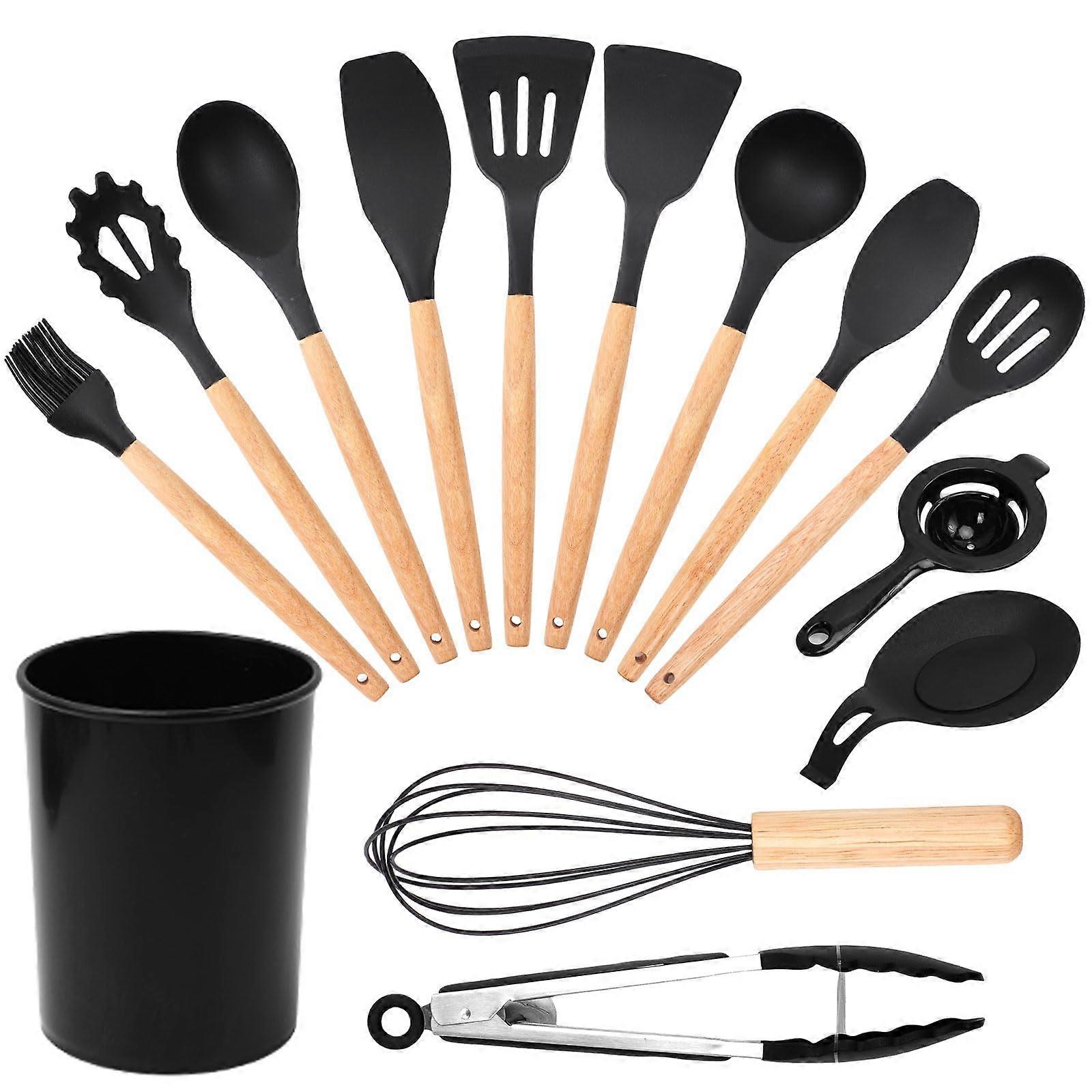 Silicone Cooking Utensils Set 14 PCS Heat Resistant Non-Stick Kitchen Tools with Wooden Handle for Nonstick Cookware
