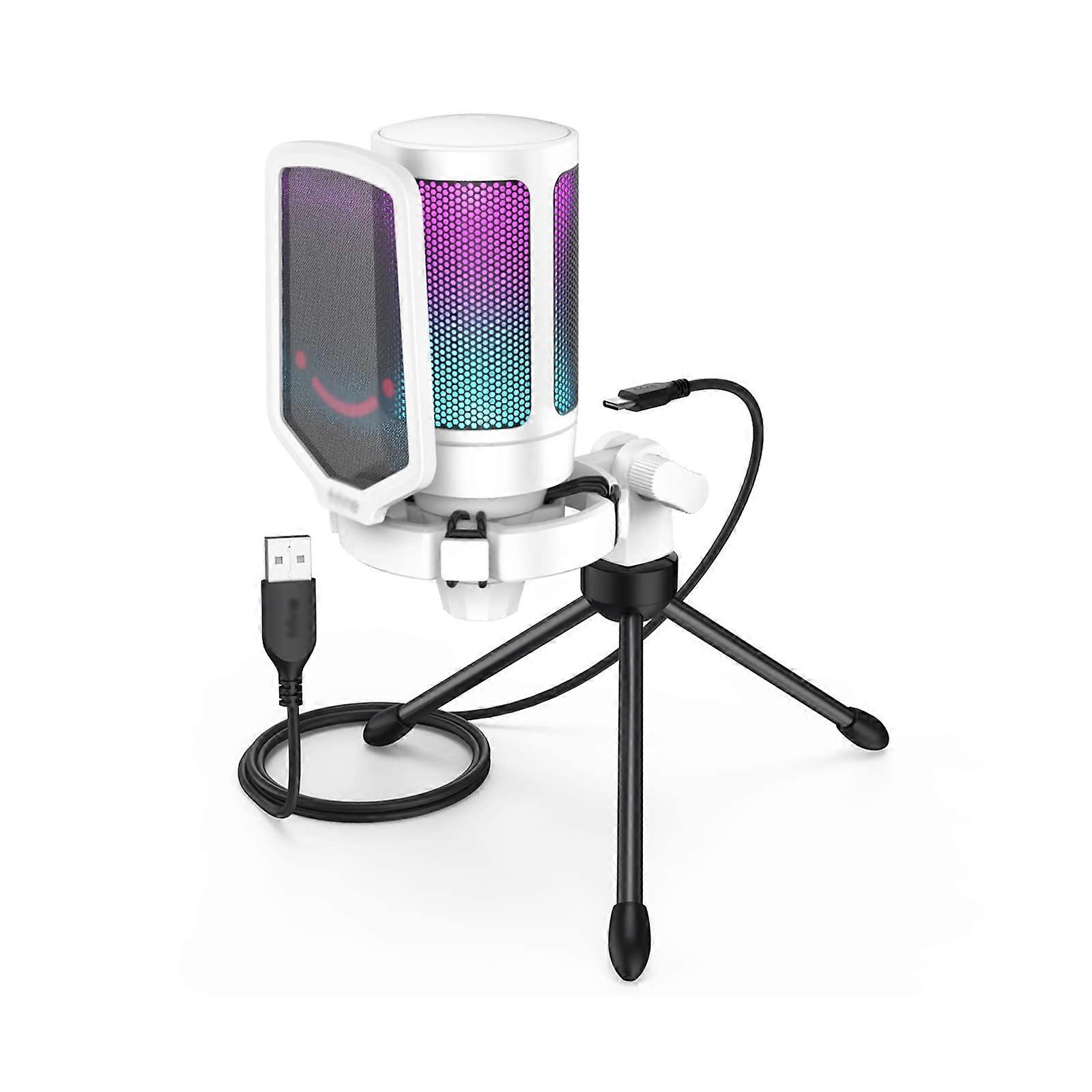USB Microphone for Gaming Streaming, White Condenser Mic with Pop Filter, Gain Control for Laptop/Computer