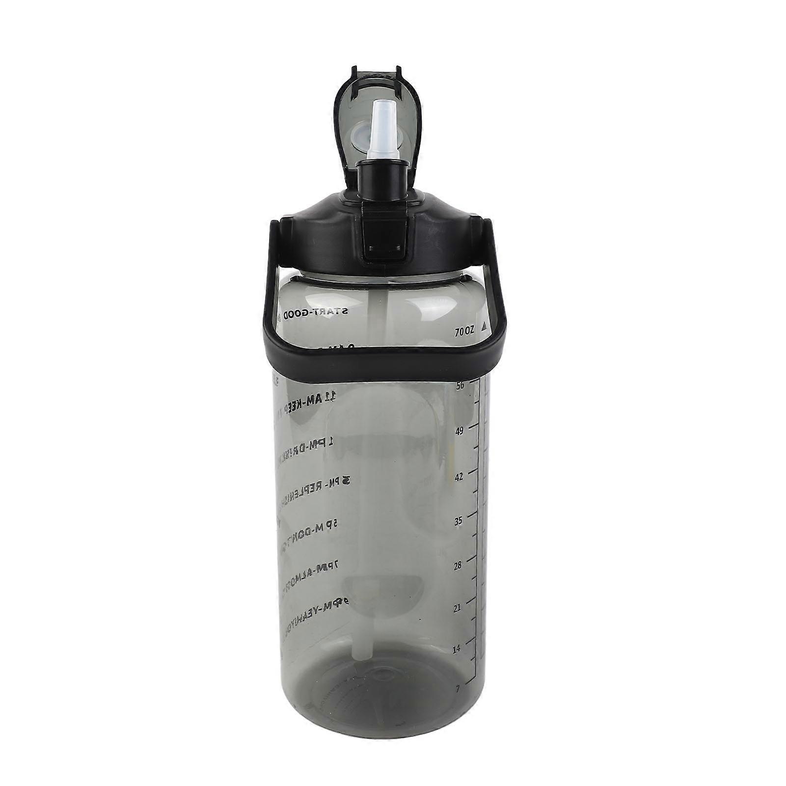 2000ml Large Water Bottle Leakproof High Temperature Proof Fitness Water Bottle with Straw and Time Scale Black
