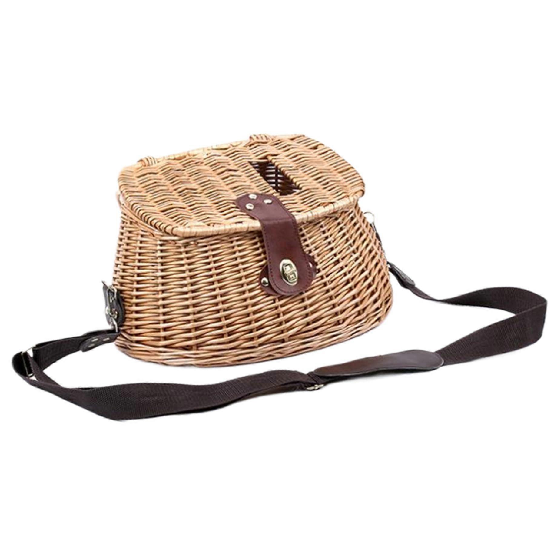 Fish Basket with Lid and Adjustable Straps Classic Fishing Creel Fish Basket for Caught Fish, Vintage Wicker Basket for Picnic Fish Basket