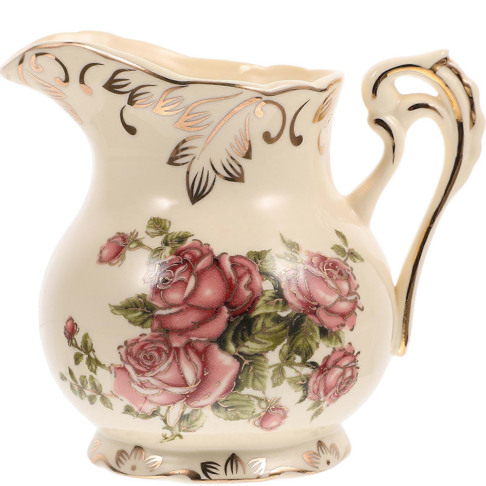 Elegant Vintage Floral Ceramic Pitcher with Handle for Milk, Syrup, and Sauces – Stylish Home and Party Serving Design