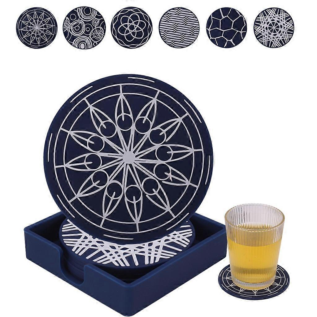 Round Glasses Silicone Coasters 6-Piece Set, 6 Patterns, Heat-Resistant and Non-Slip Coasters (Blue)