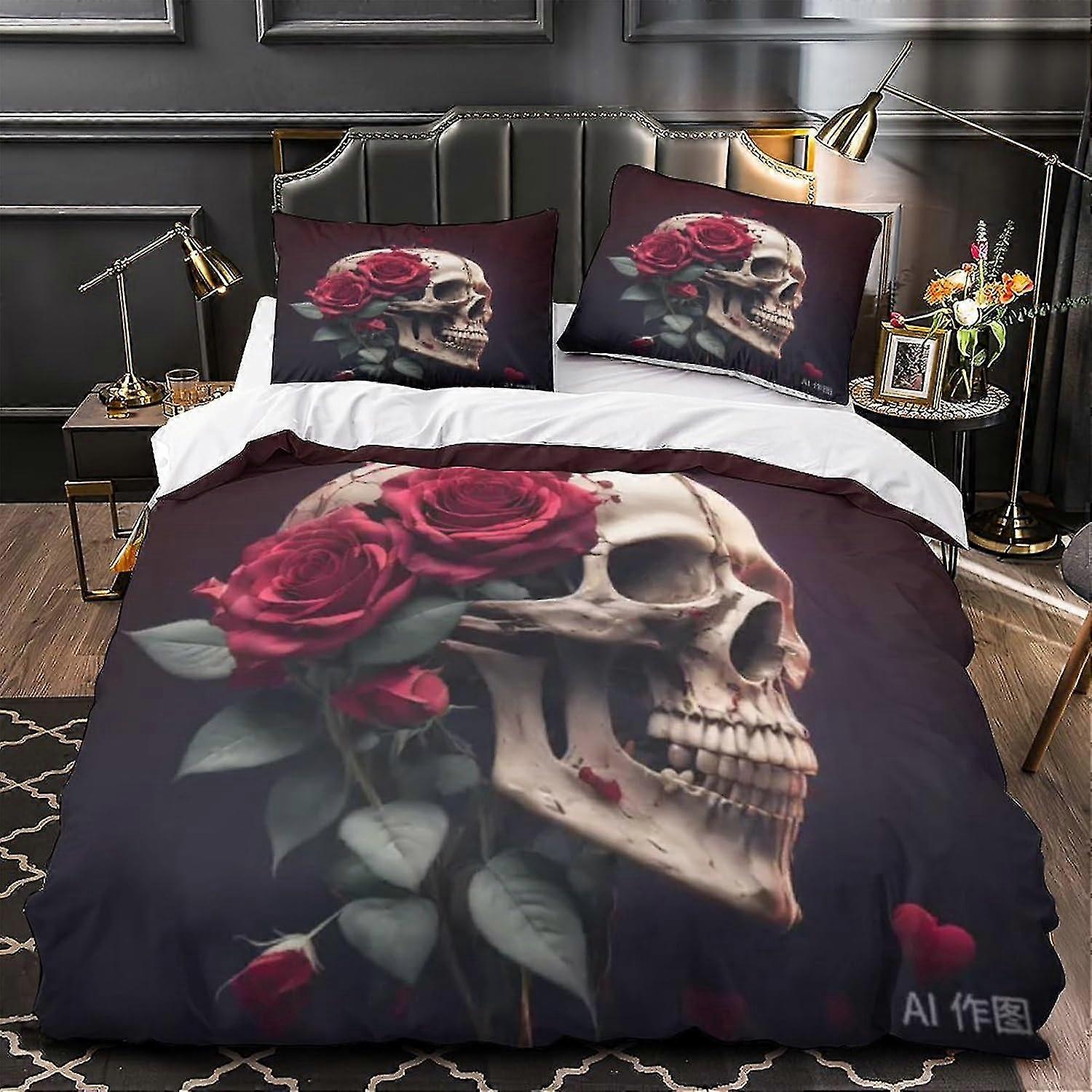 Set di biancheria da letto con copripiumino teschio in stile gotico Set copripiumino 3D con design floreale e federa per bambini doppi