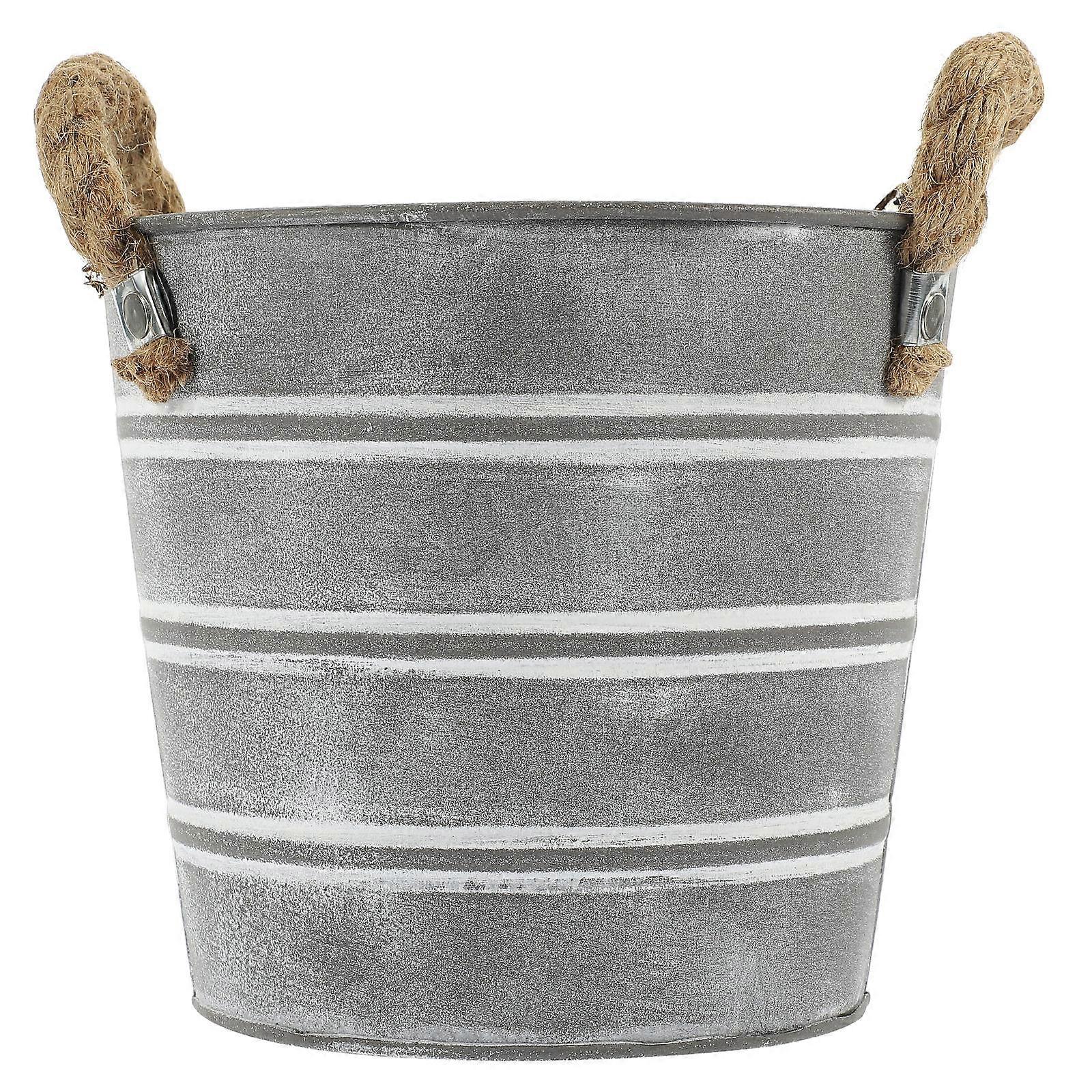 Retro Iron Flower Pot for Gardening with Silver Color and Rope Handle for Daily Use Small 7.8 Inches