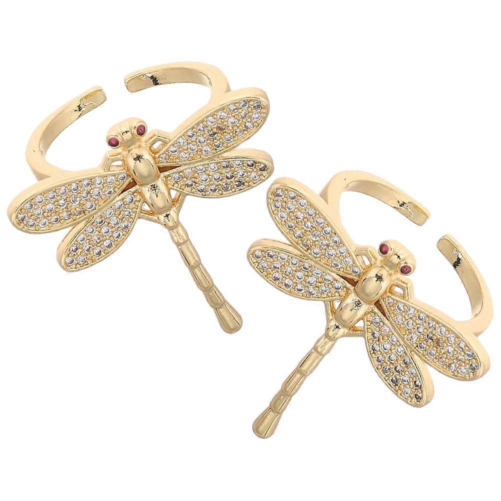 Open Ring Jewelry Inspired By Dragonfly Design For Women On Dates With Golden Color And Sparkling Zircon 2Pcs