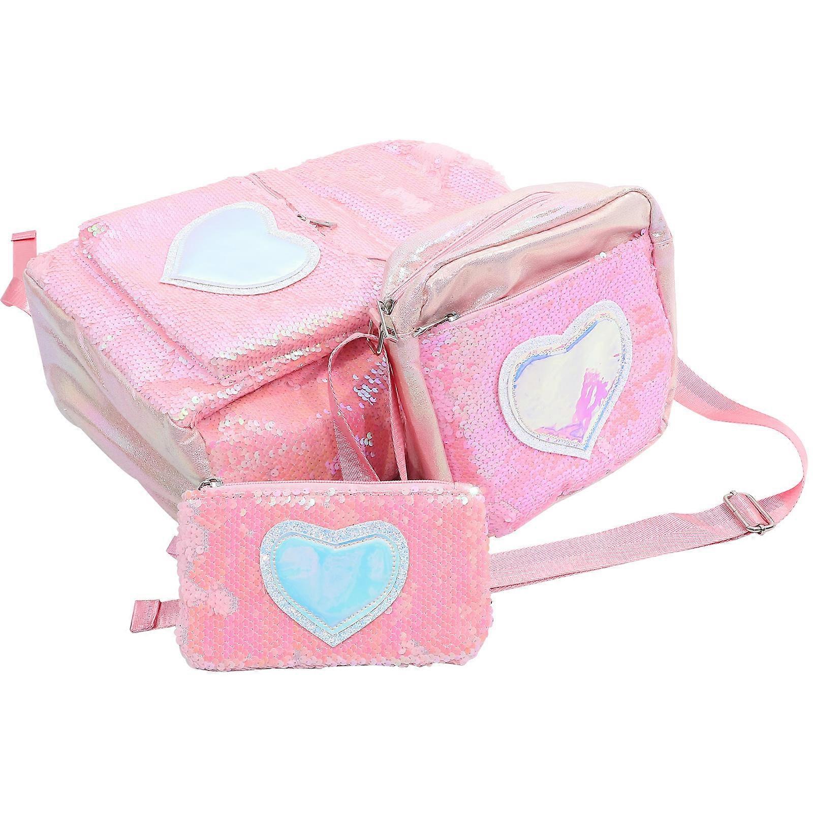 Sequins Backpack Set for School Storage with 1Set Beautiful Pink Bags