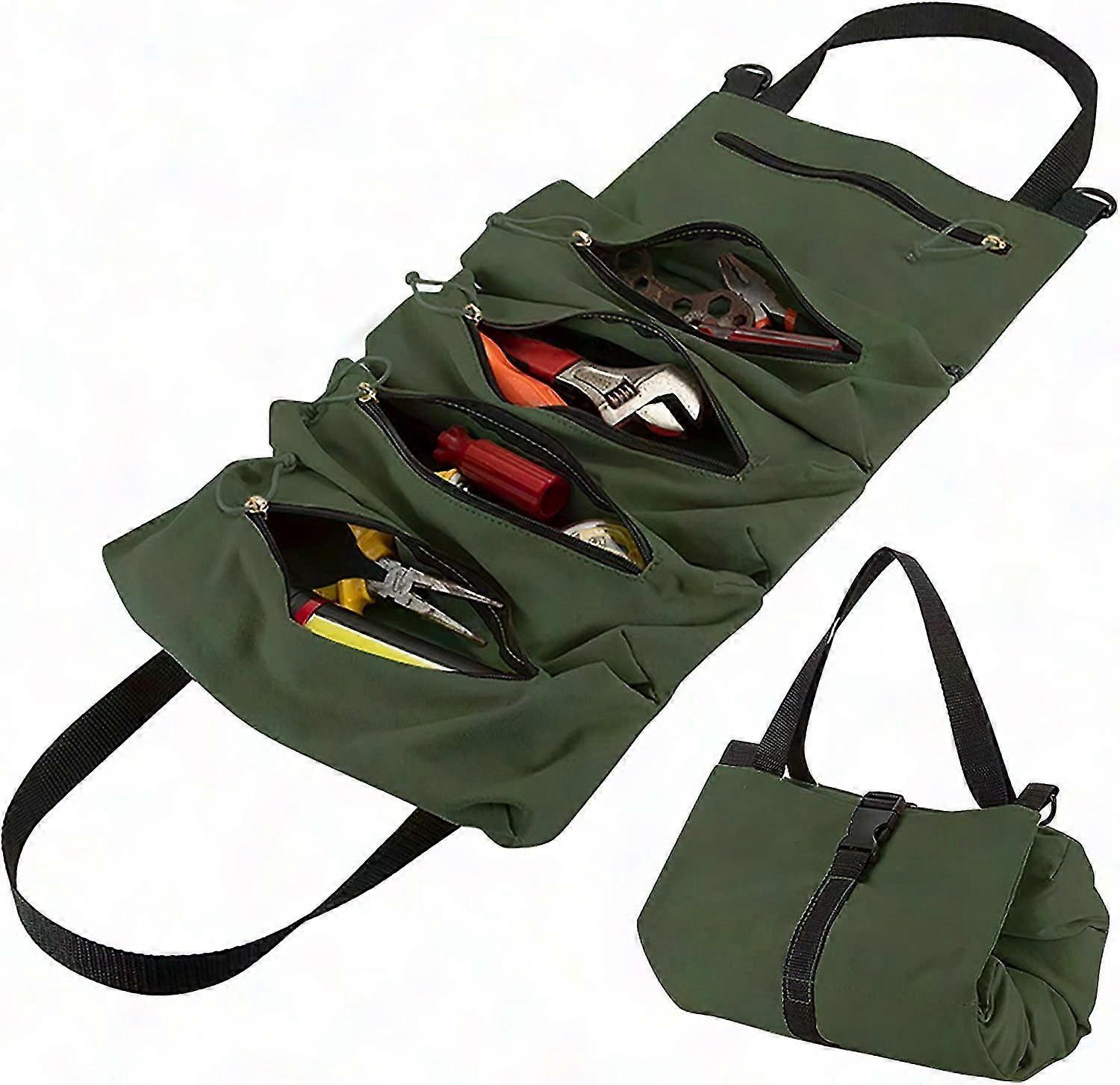 Heavy Duty Canvas Tool Roll Organizer with 5 Zipper Pockets for Wrenches, Sockets, Screwdrivers (Army Green)