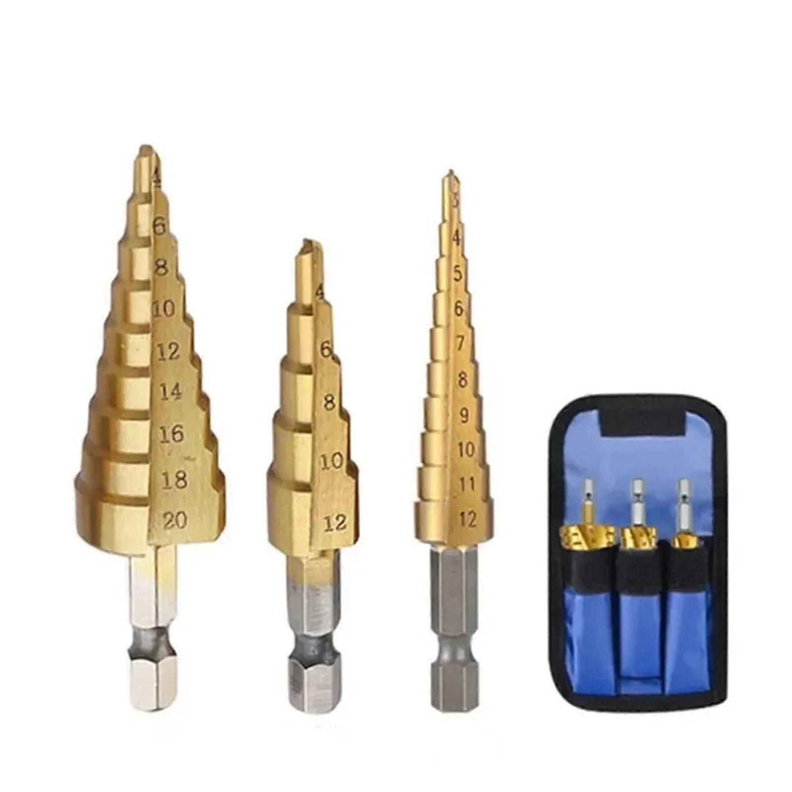 3piece step drill bit set, 3–12/4–12/4–20/4–32 mm, HSS hex shank with straight flute, titaniumcoated step drill in fabric pouch set (Color: 1)