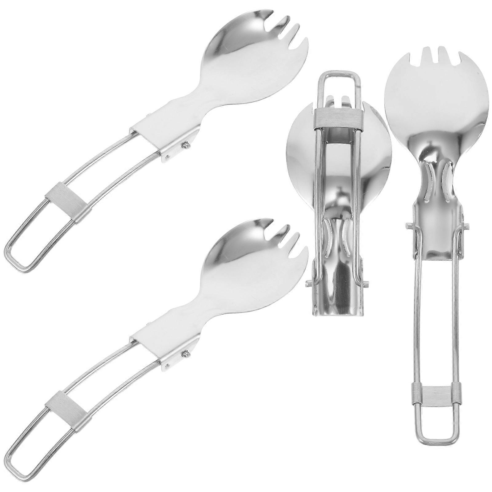 Outdoor Foldable Tableware Lightweight Spoon Durable For Salad Serving Silver 4Pcs Designed For Outdoor Enthusiasts