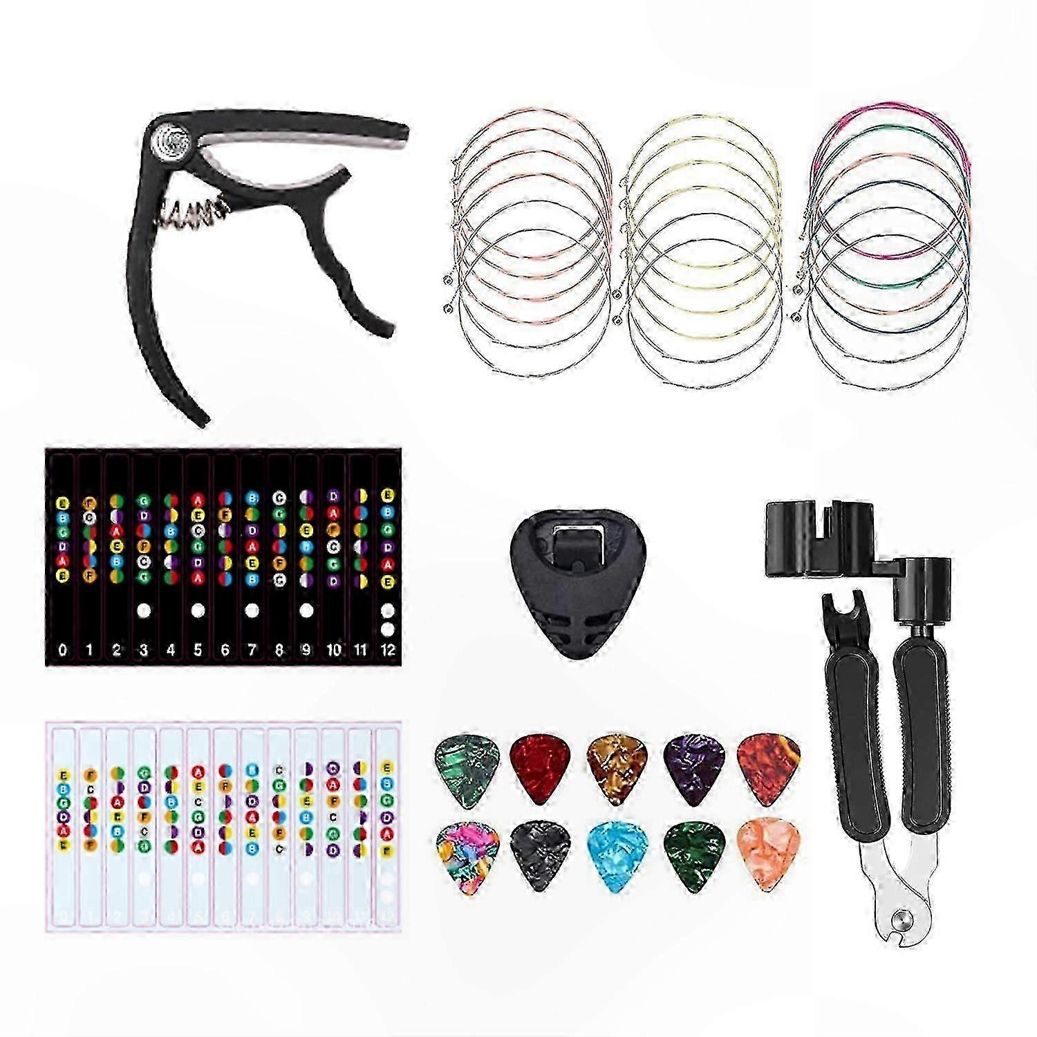 Acoustic Guitar Maintenance Kit with Strings, Picks, Capo, Scale Stickers, and Picks Holderrandom color