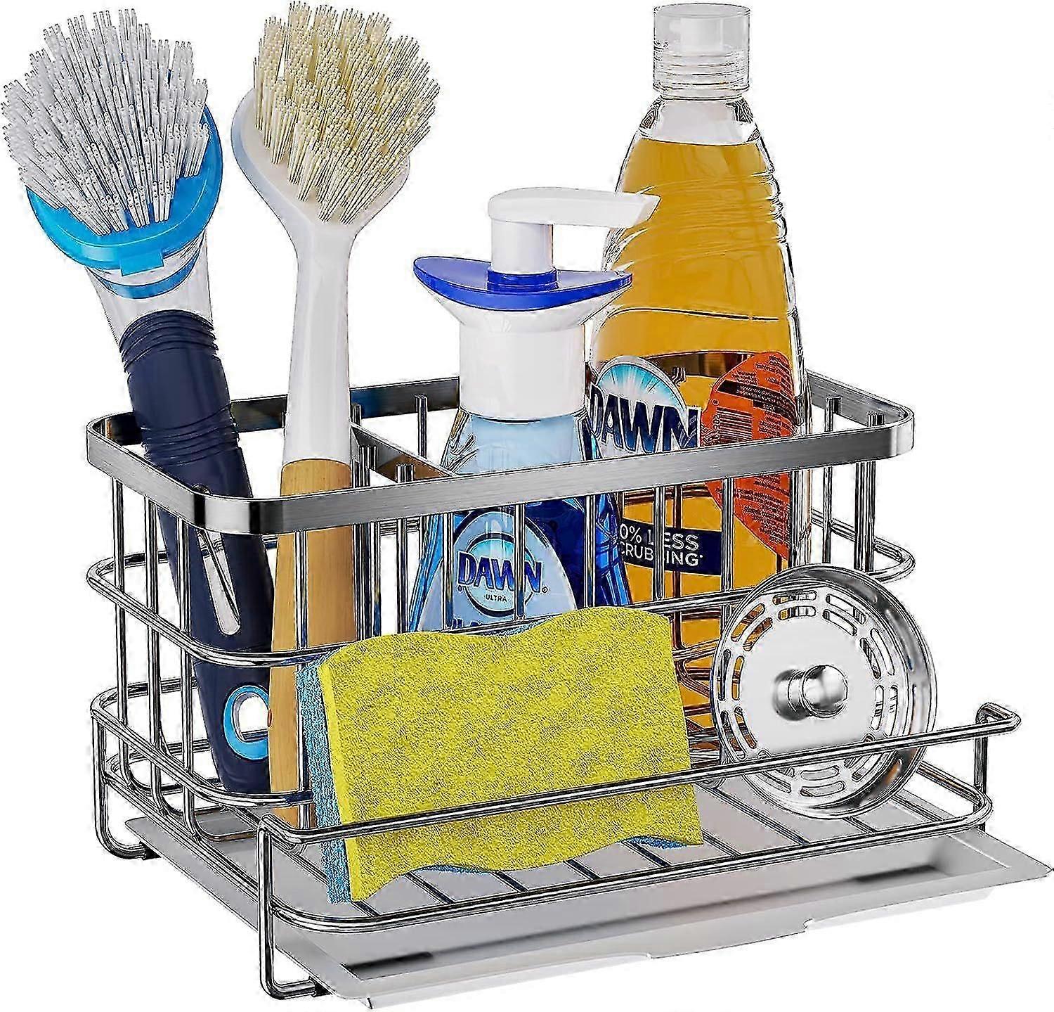 Kitchen Sink Caddy Organizer 304 Stainless Steel Sponge Holder for Dish Rags Brush with Auto Drain Tray