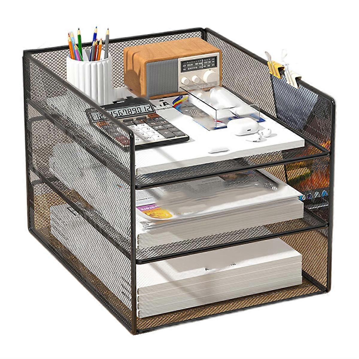Office File Organizer Metal Mesh Desk Organizer with Three Layer Design Multifunctional File Holder Storage Rack Black