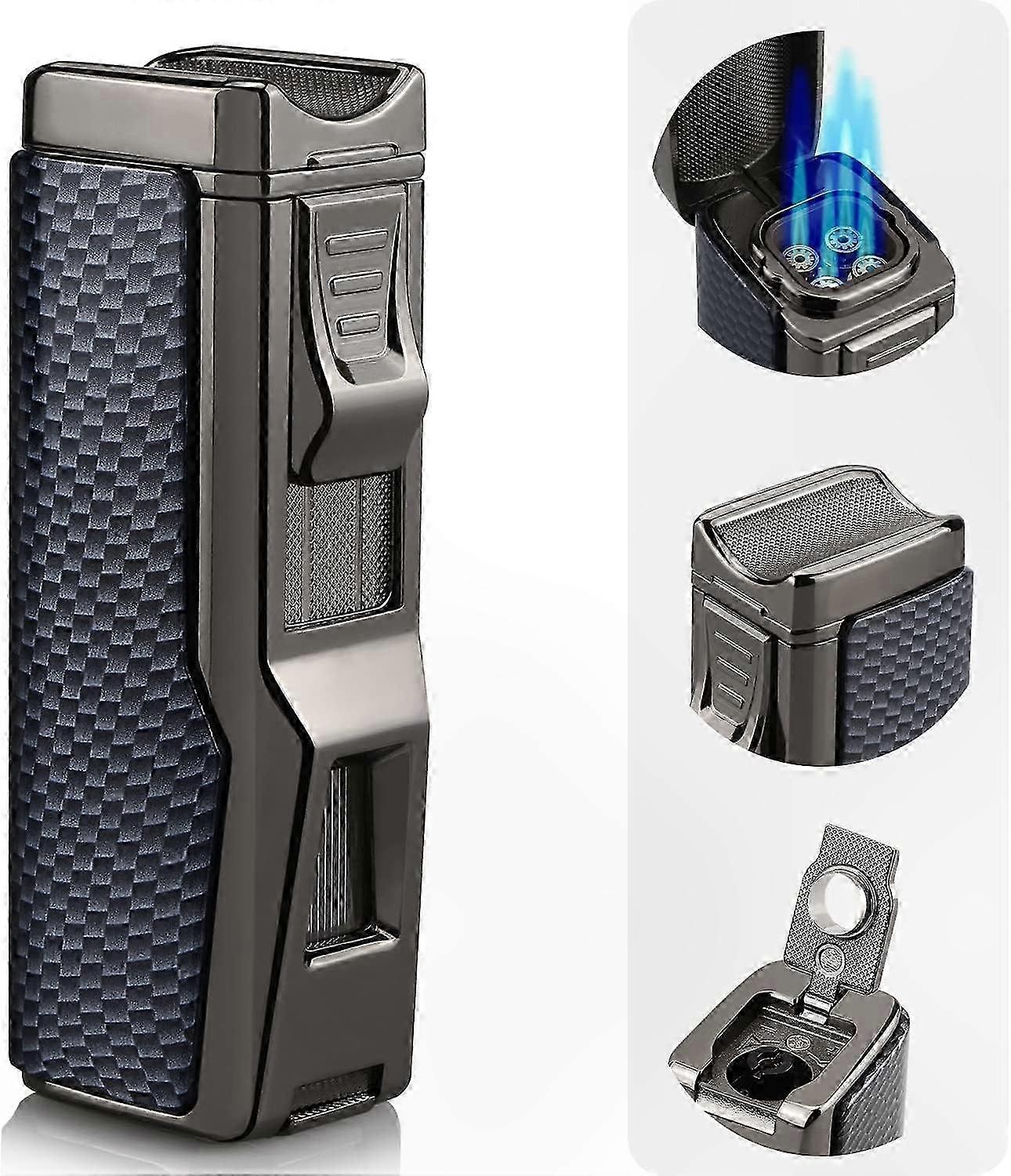 Refillable Butane Torch Lighter with 4 Jet Flame, Windproof Design, Mahogany Finish for Gifting