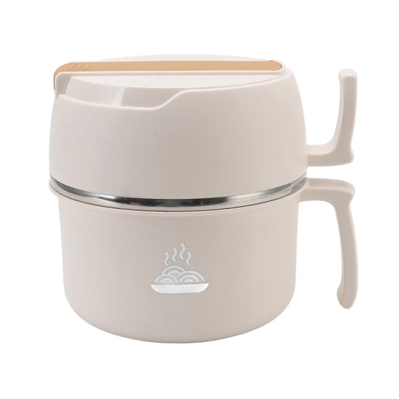 2025 JiaWei Stainless Steel Noodle Bowl Lunch Box Double Layer Ramen Bowl with Handle Lid Fork and Spoon for Office Workers Students Beige u0I