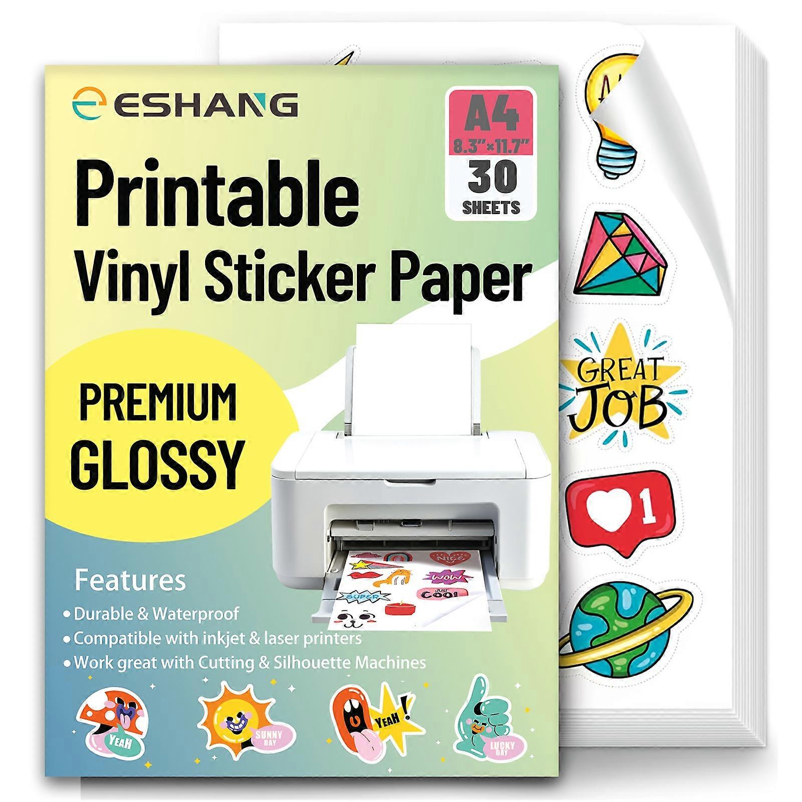 30 Sheets A4 Glossy Vinyl Sticker Paper, Waterproof Tear-Resistant Printable Adhesive Paper, Fast-Drying & Holds Ink Perfectly, for Inkjet Printer