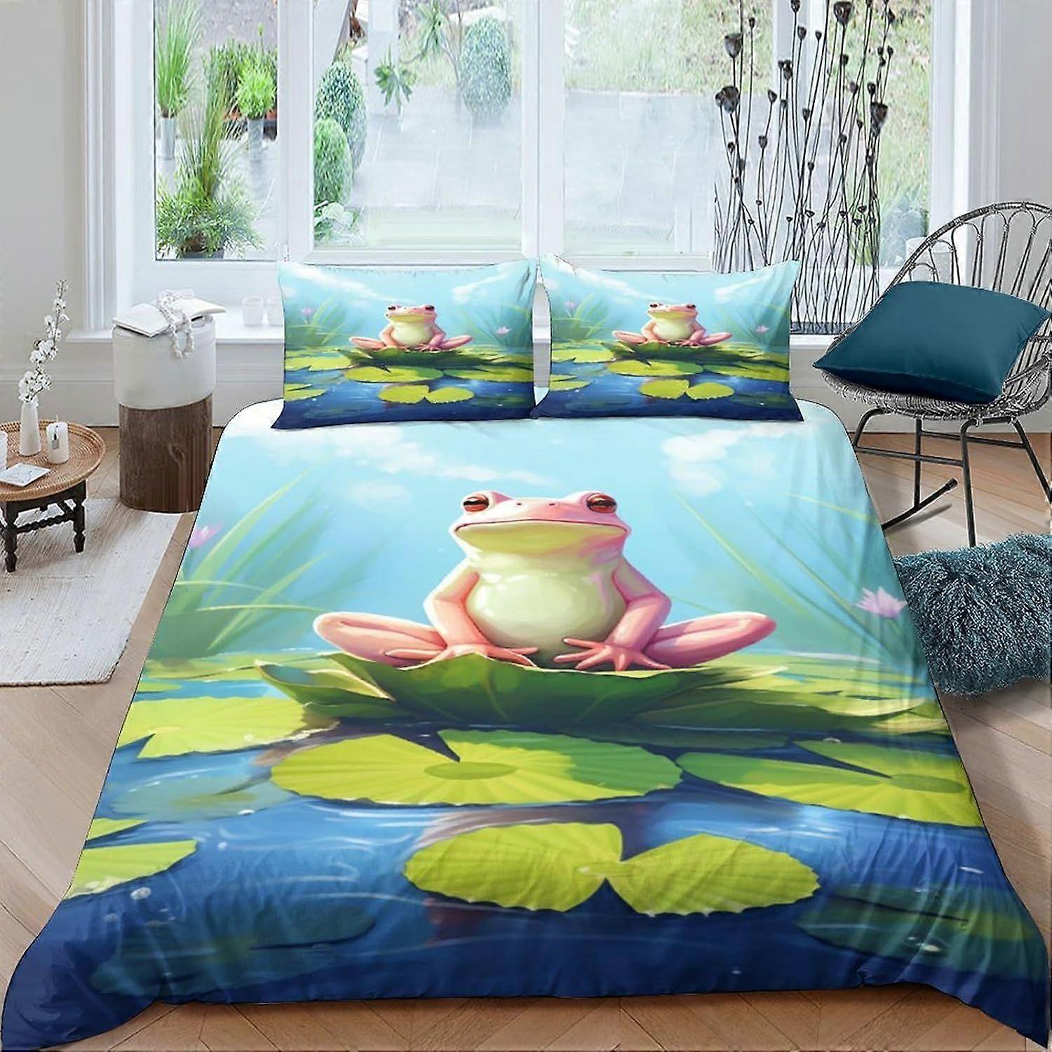 q593 Big Eyed Frog Ensemble de housse de couette en microfibre douce imprimée en 3D Housse de couette en microfibre douce Anti allergique pour les enfants Adolescents Adultes Double o593