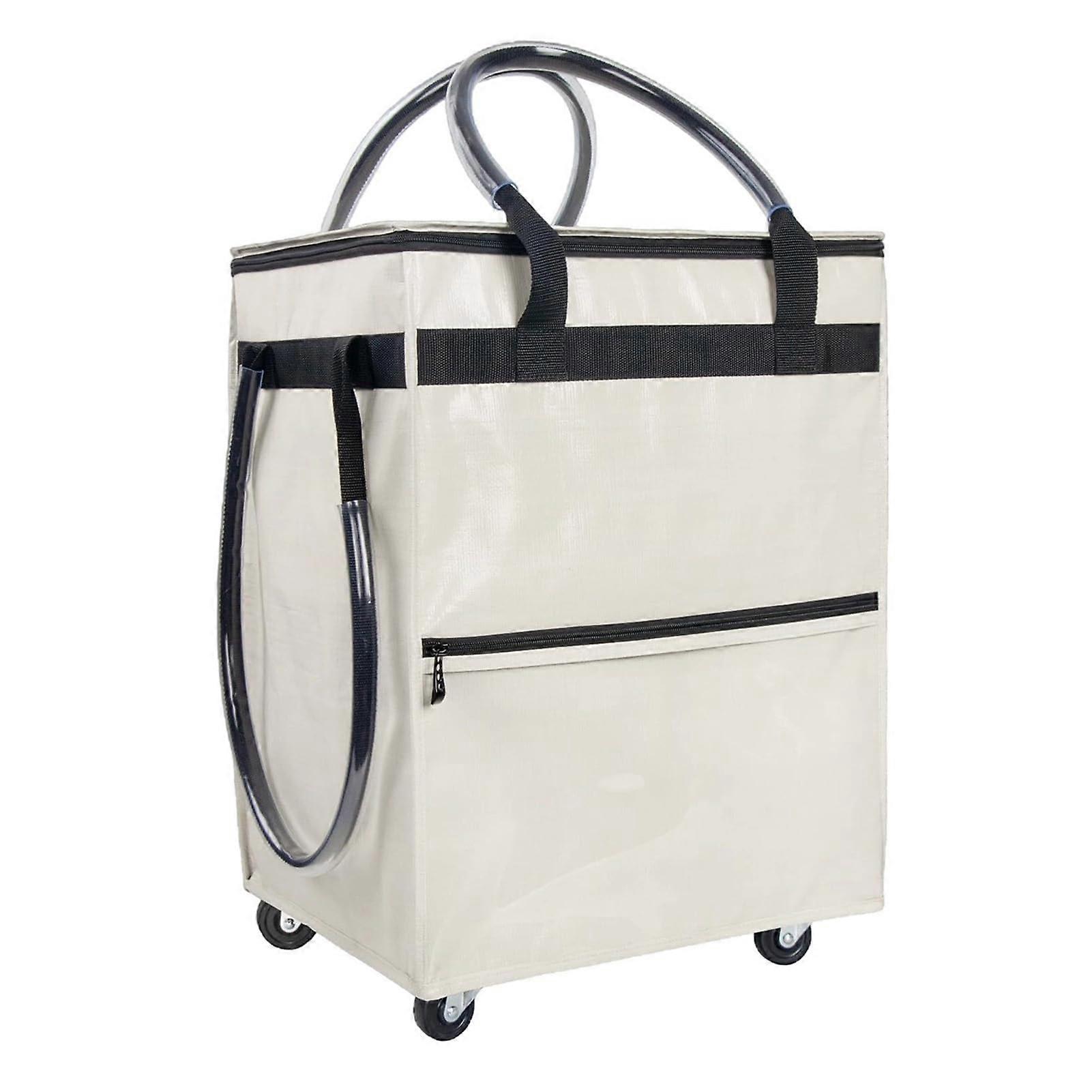 Grocery Bag With Wheels, Large Capacity Foldable Rolling Shopping Trolley For Supermarket Camping Travel (White)