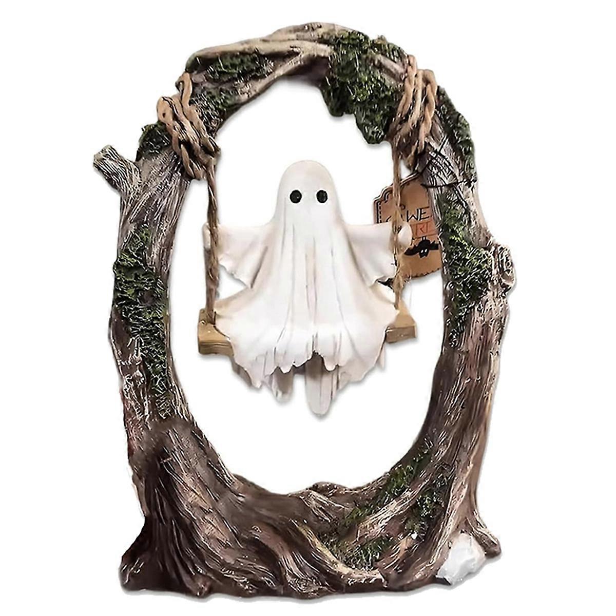 Ghost on Tree Swing Statue Cute Spooky Halloween Figurine
