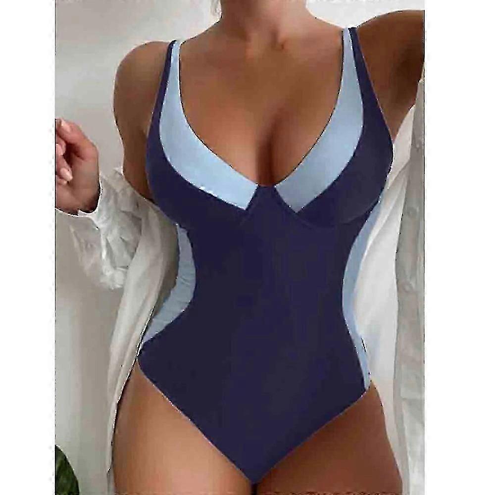 Maillots De Bain De Vacances Bloc De Couleur Col Rond Revers Une Pièce Maillot De Bain Extensible Élégant Maillot De Bain Bikini pour Femmes