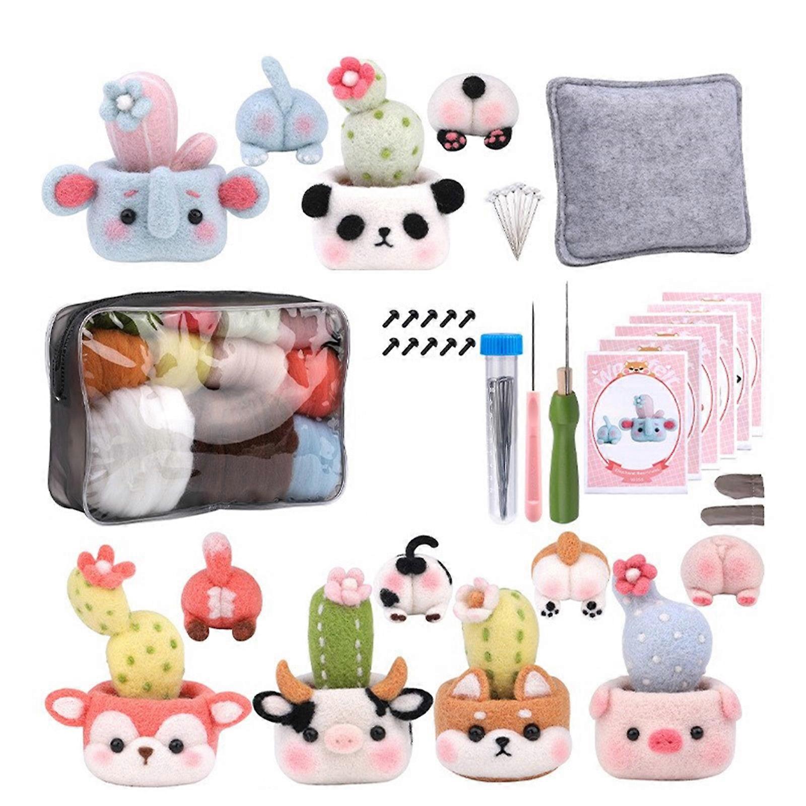 Animal Succulent Plant Needle Wool Felting Tool with Needle, Instruction, Wool Roving, Finger Cots and Wood Handle Multicolor