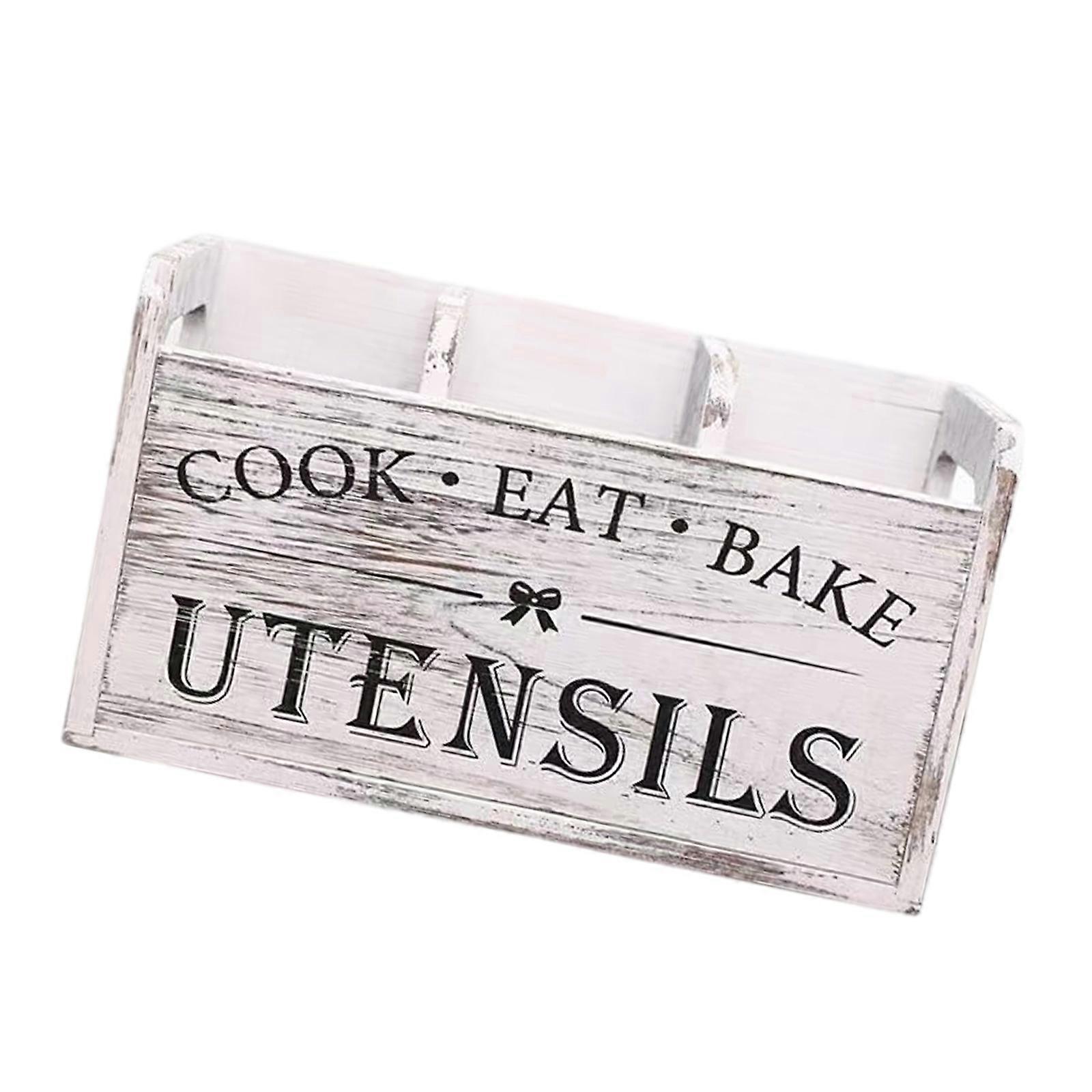 Wooden Countertop Storage Box for Forks Spoons with Three Sections Practical 3 Compartments Kitchen Utensils Organizer  White