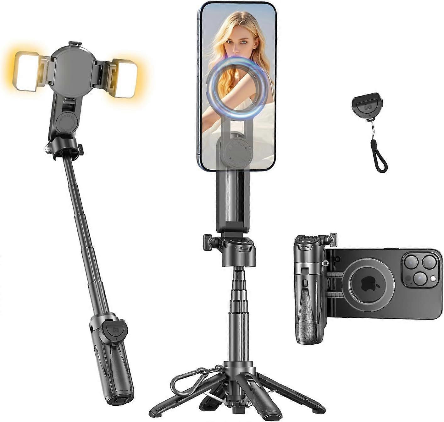 Magnetic Mini Phone Selfie Stick, Small Portable Pocket Tripod for iPhone/Android, Magnetic Chuck and Clip 2 in 1 with Detachable Remote Control and 2