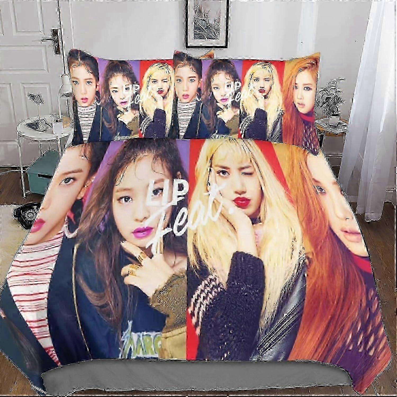 Capa de edredom 3D Black.Pink, 3 peças com fronhas, conjunto de microfibra, fechamento com zíper, conjunto de cama Kpop para adultos e crianças