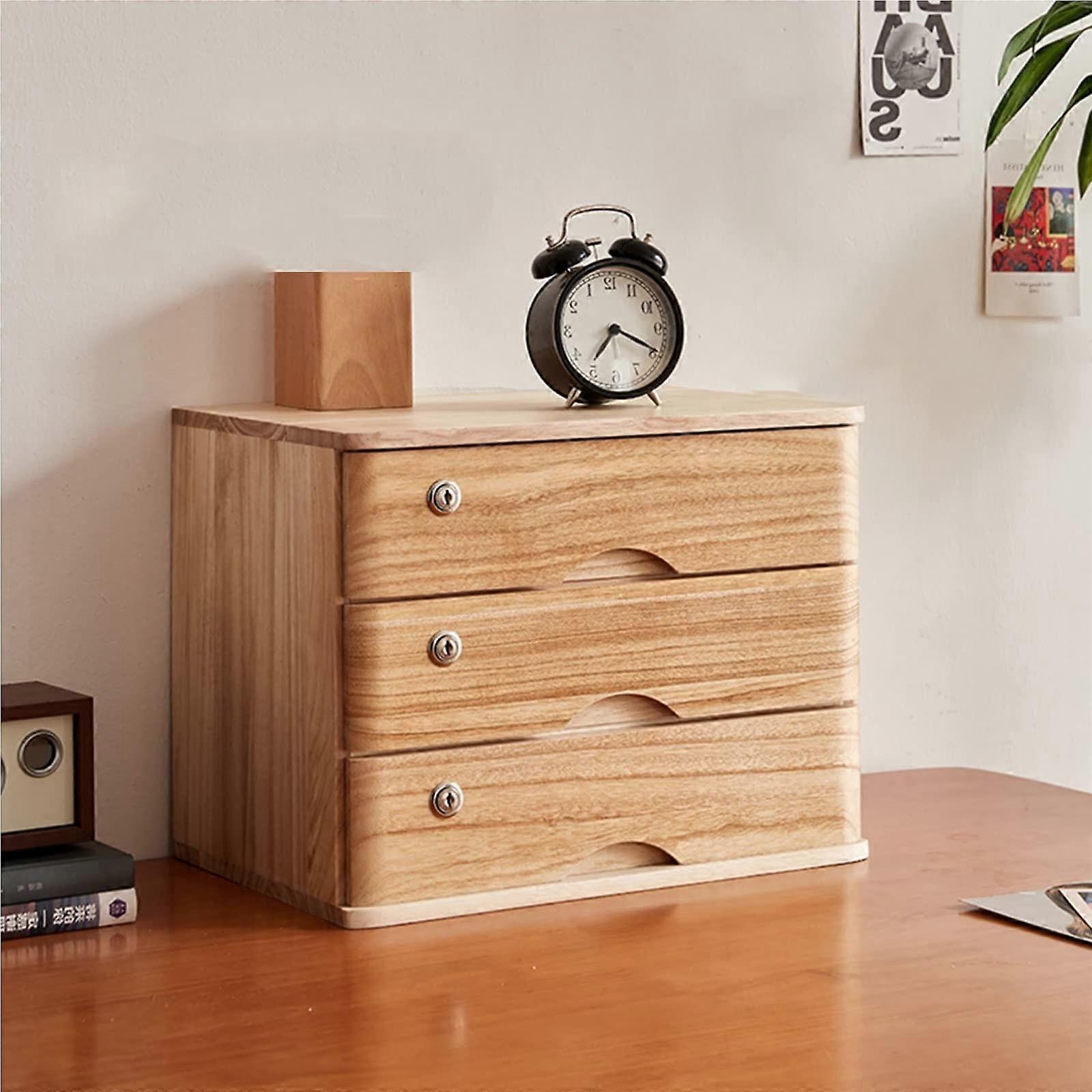 Wooden Desktop File Cabinet with Lock  3 Drawer Secure Storage Box for Home Office Documents