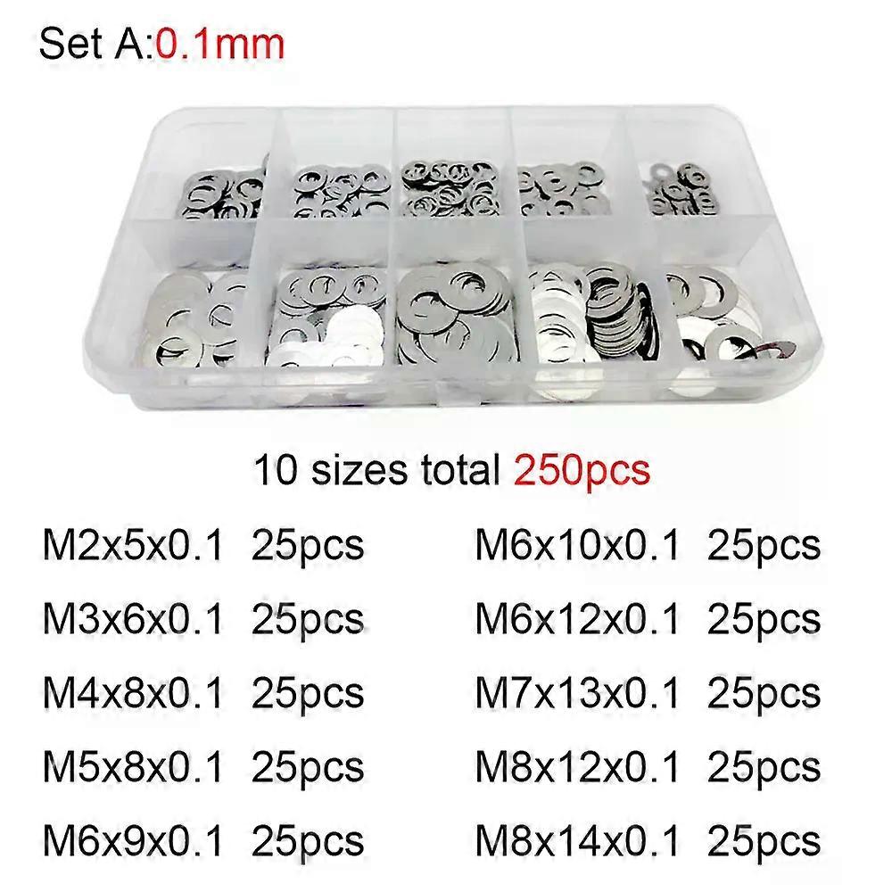 250Pcs M2 M3 M4 M5 M6 M7 M8 304 Stainless Steel Ultra Thin Flat Washer Adjusting Shim Plain Gasket Assortment Kit Set Box DIN988