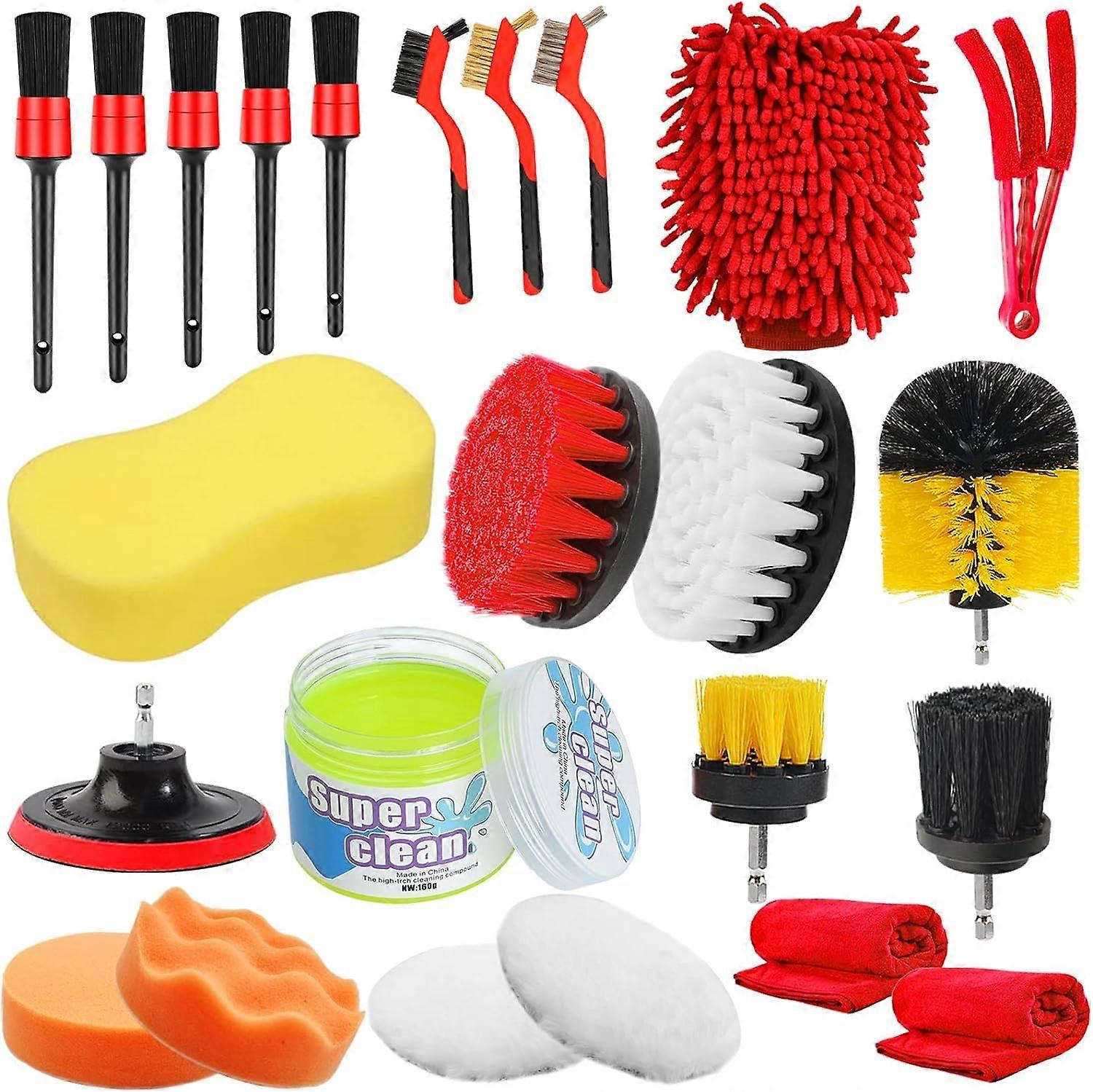 24pcs Car Detailing Drill Brush Kit with MultiSize SurfaceSafe Nylon Bristles for Auto and Home Cleaning