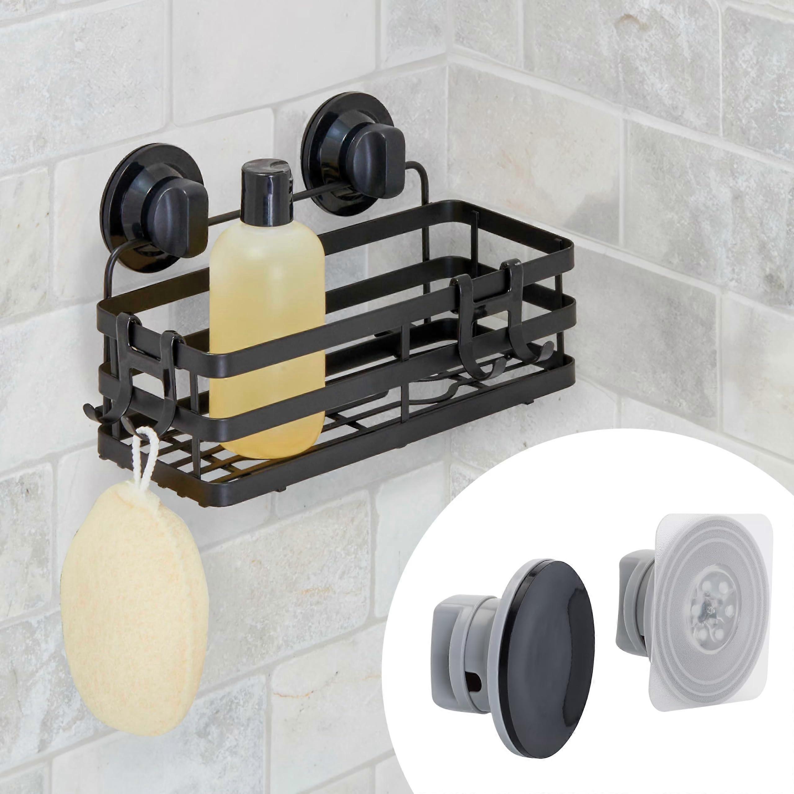 Matte Black Shower Caddy with Hooks, Drill Wall Mount Bathroom Organizer, RustResistant