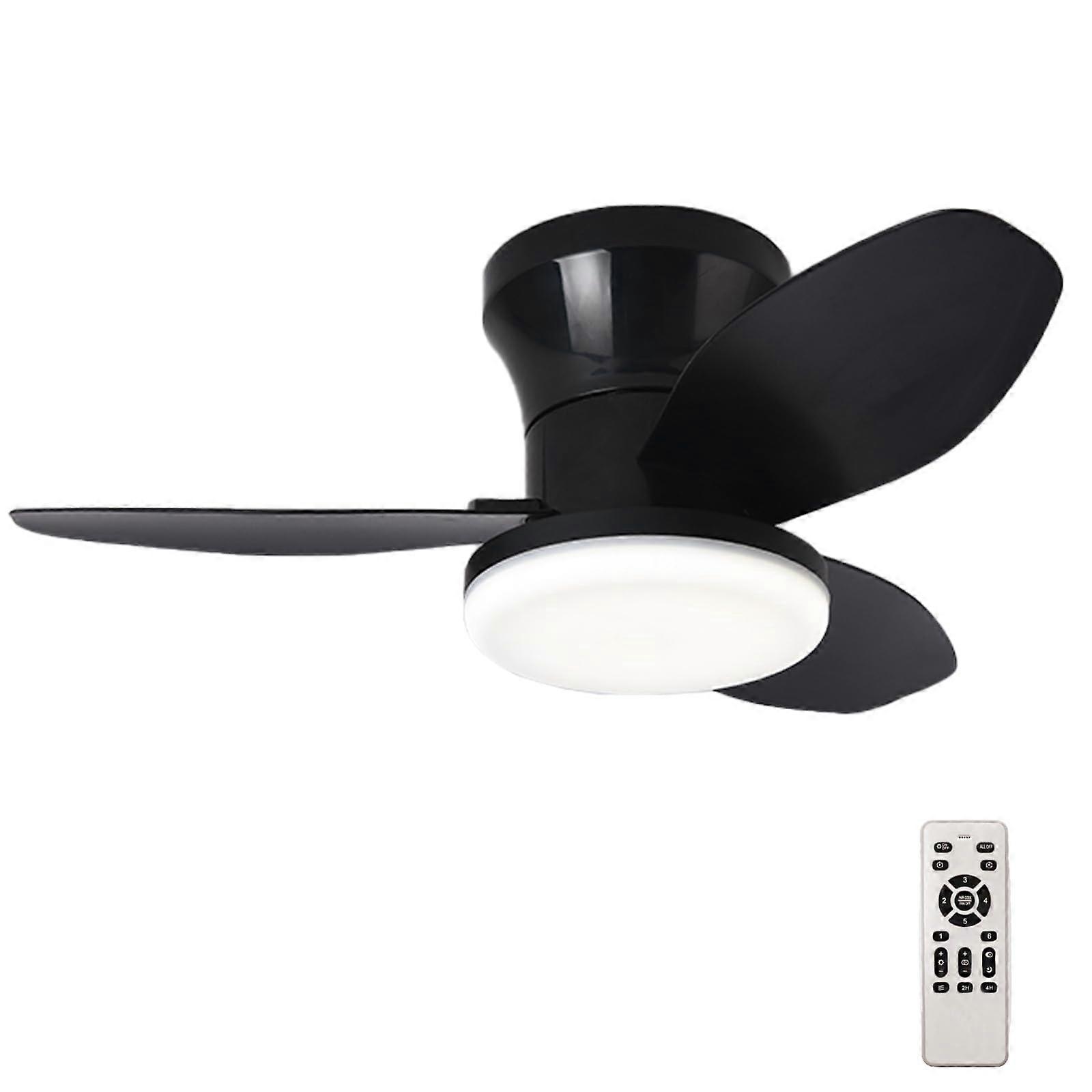 Modern Flush Mount Ceiling Fan with Light and Remote, Silent 3Blade LED Black 65cm for Bedroom