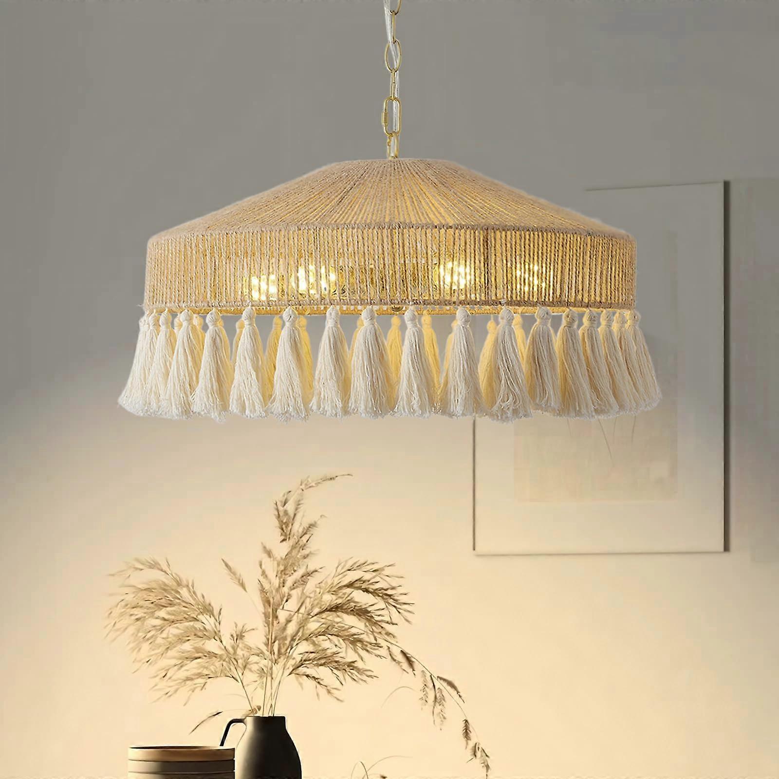 Large Boho Rattan Chandelier with Fringe, 19.6 Inch Coastal Pendant Light Fixture, 6Light Design