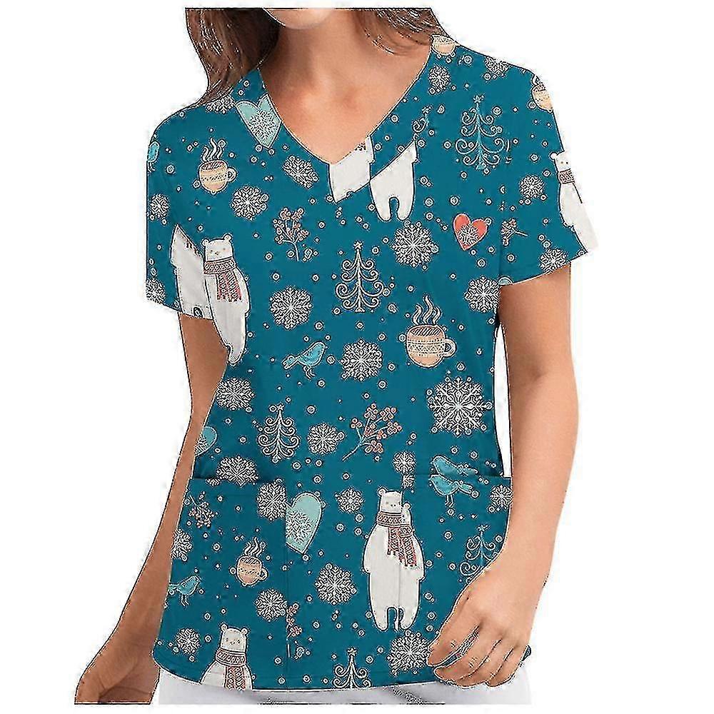 Christmas Women Nursing Uniform Scrub Short Sleeve T-shirt Xmas Blouse Tee Tops V Neck
