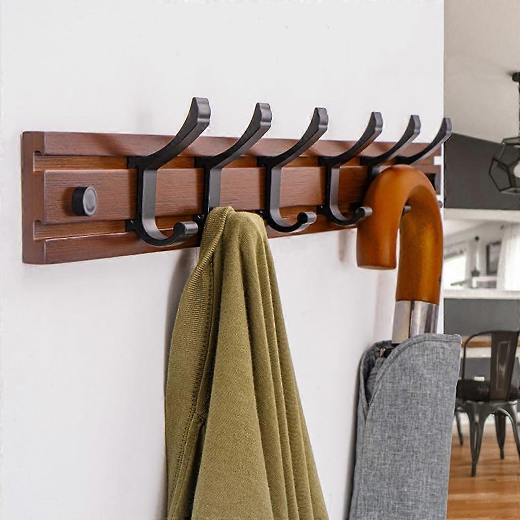 Wall Mounted Coat Rack with Adjustable Sliding Hooks, Wooden Rail for Entryway or Bathroom