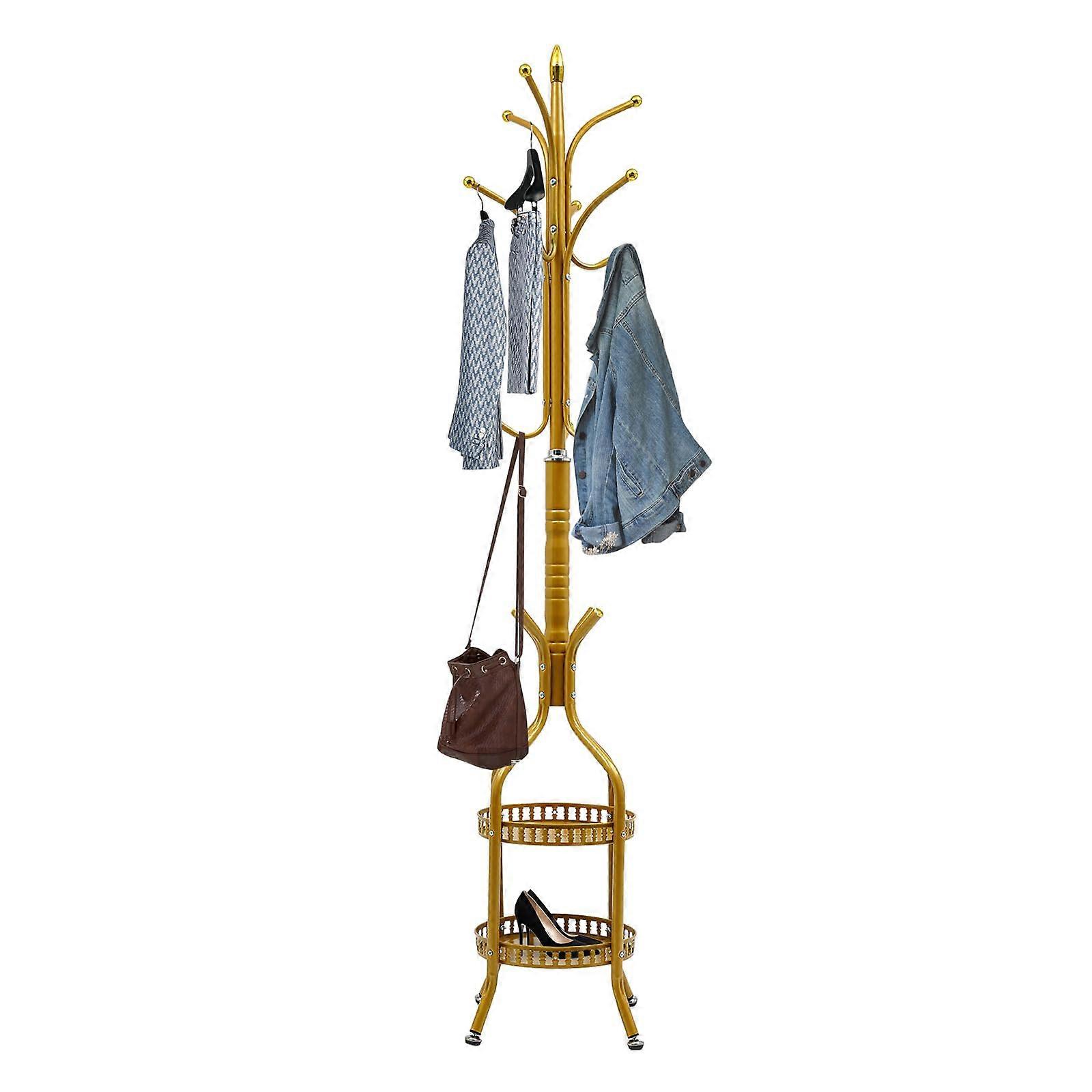 Gold Metal Coat Rack Stand with Double Rails and Hooks, SpaceSaving Entryway Clothes Organizer