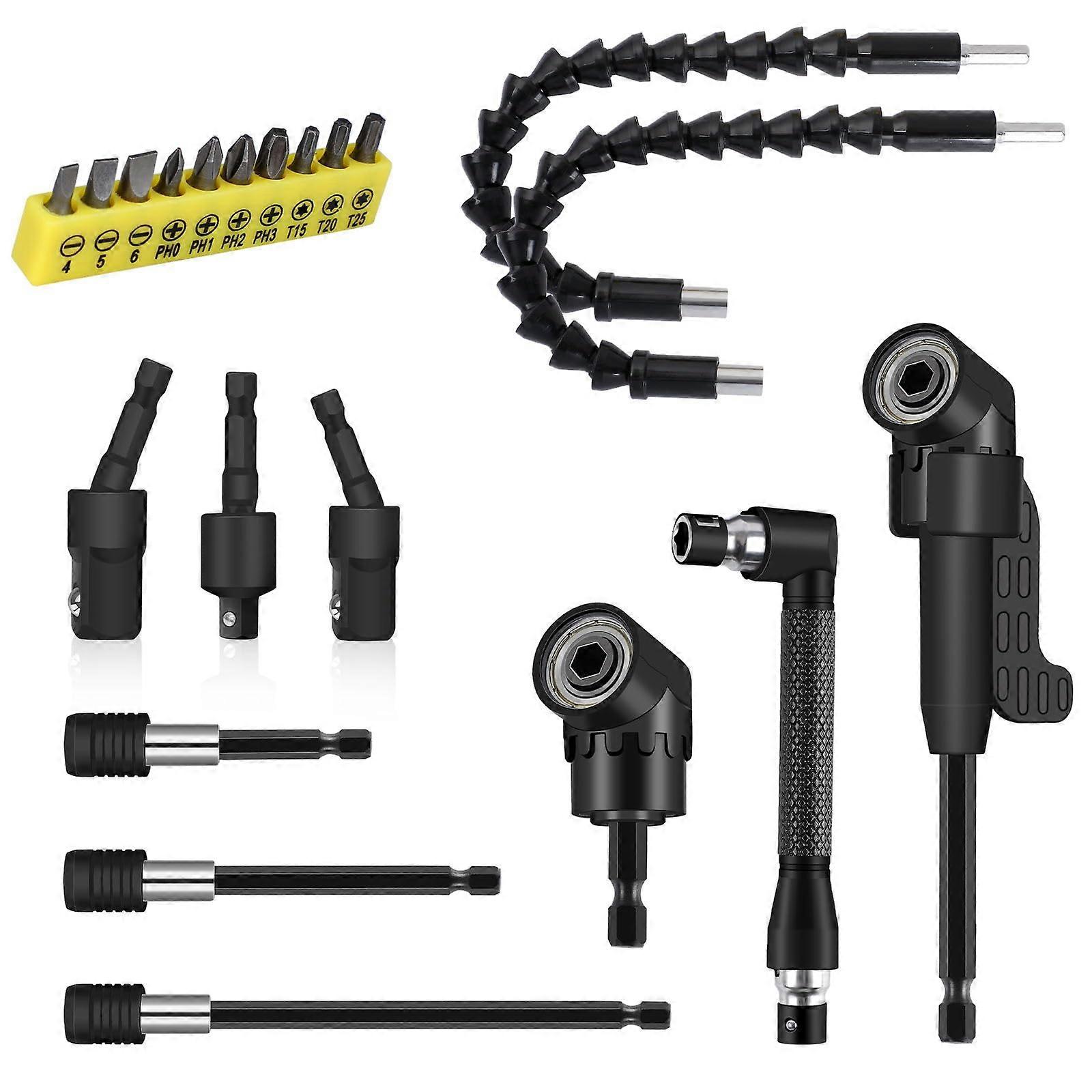 21 Pcs Right Angle Drill Attachment Set with Flexible Bit Extension, Magnetic Adapters and Holders