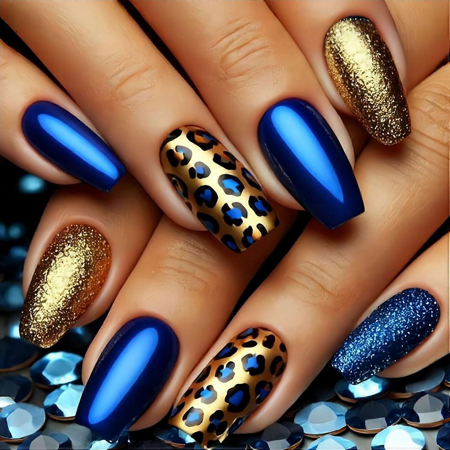 Medium Square Press On Nails Blue Leopard Print Gold Glitter Reusable Full Cover Acrylic Set 24pcs