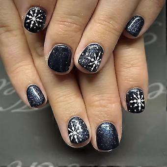Christmas Snowflake Press On Nails Short Black Square Fake Nails Festive Holiday Reusable Set 24pcs