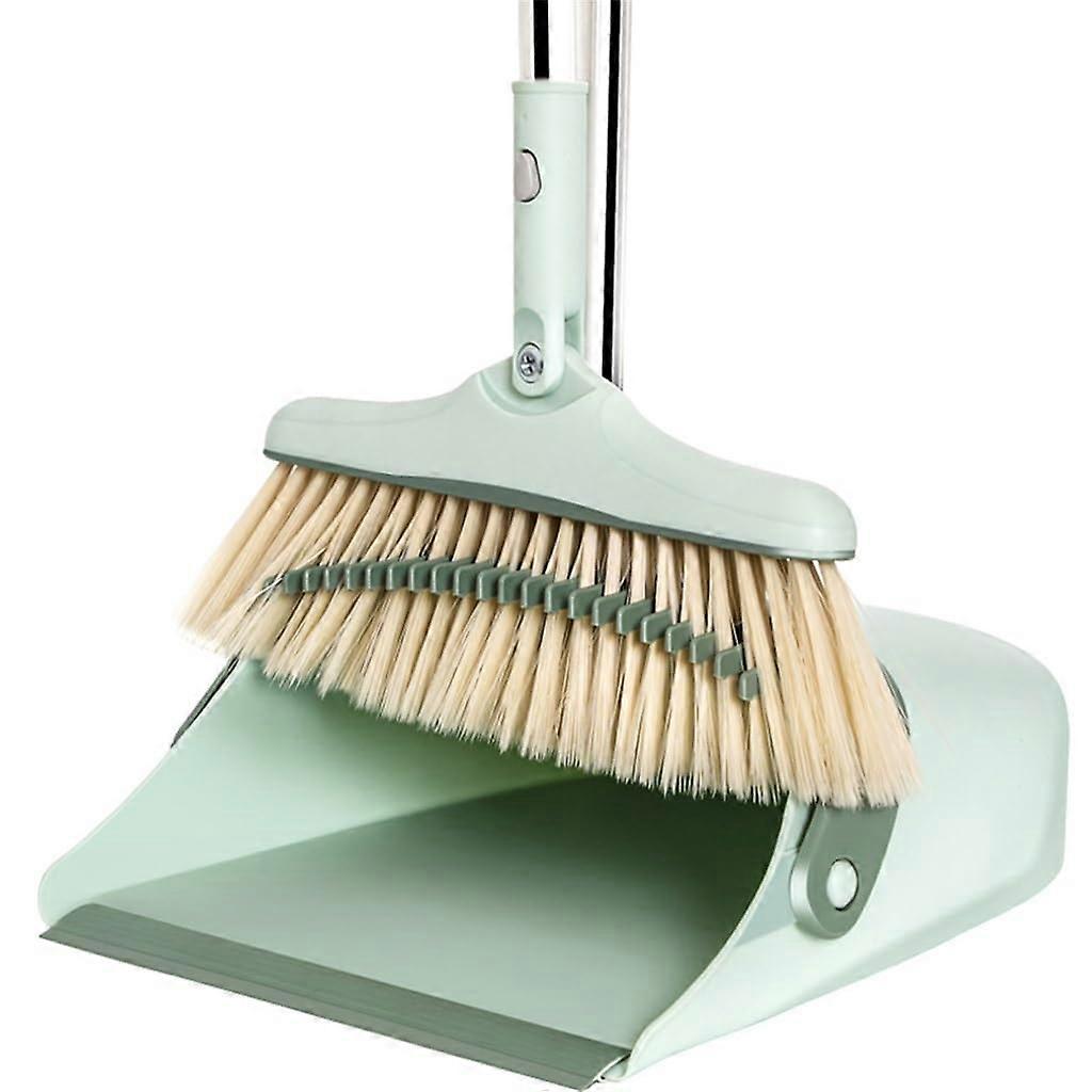Broom and Dustpan Set with Foldable Standing Design, Scraper Teeth, Rotating Head, White and Purple