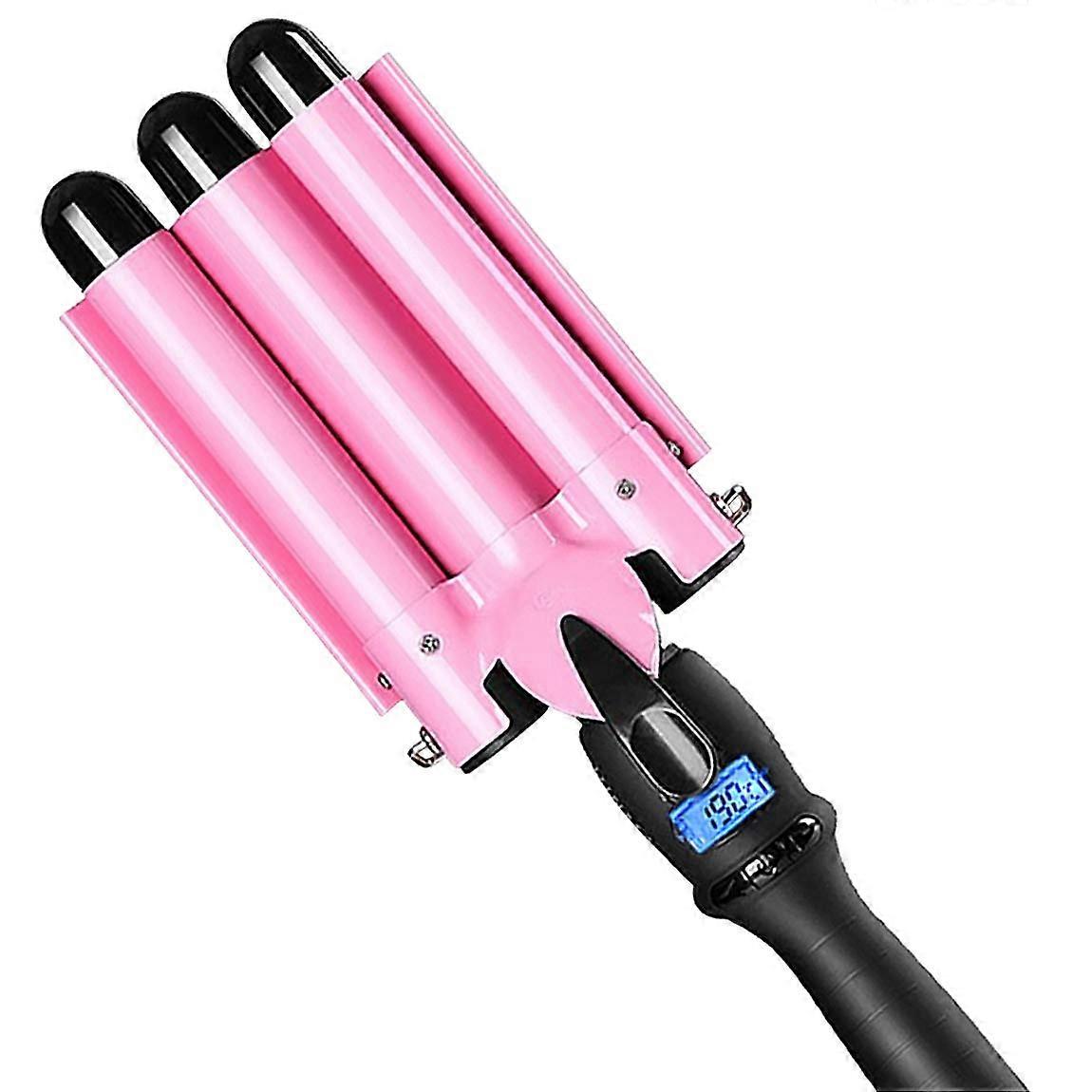 3 Barrel Curling Iron Ceramic 25mm Pink with LCD Display for Beach Waves Fast Heating