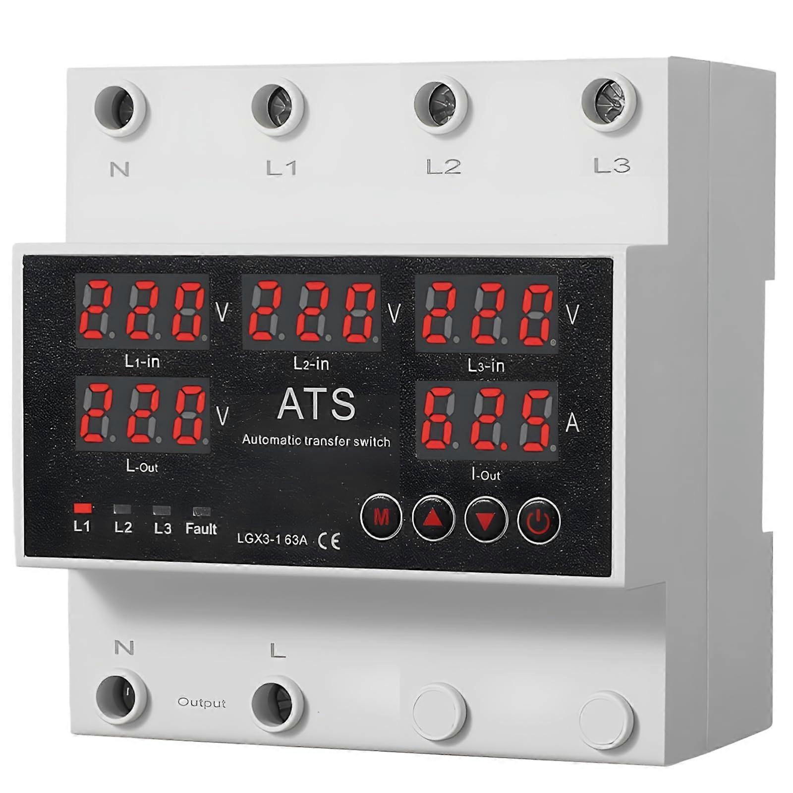 63A Automatic Transfer Switch with Voltage and Current Display, DIN Rail Mounted Generator Protection