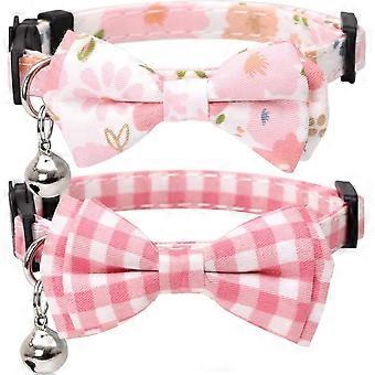 2 Pack/Set Cat Collar Breakaway with Cute Bow Tie and Bell Plaid Flower for Kitty Adjustable Safety - Pink