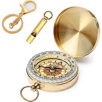 Metal Compass with Whistle, Waterproof Pocket Compass for Camping, Hiking - Portable Retro Compass with Key Ring