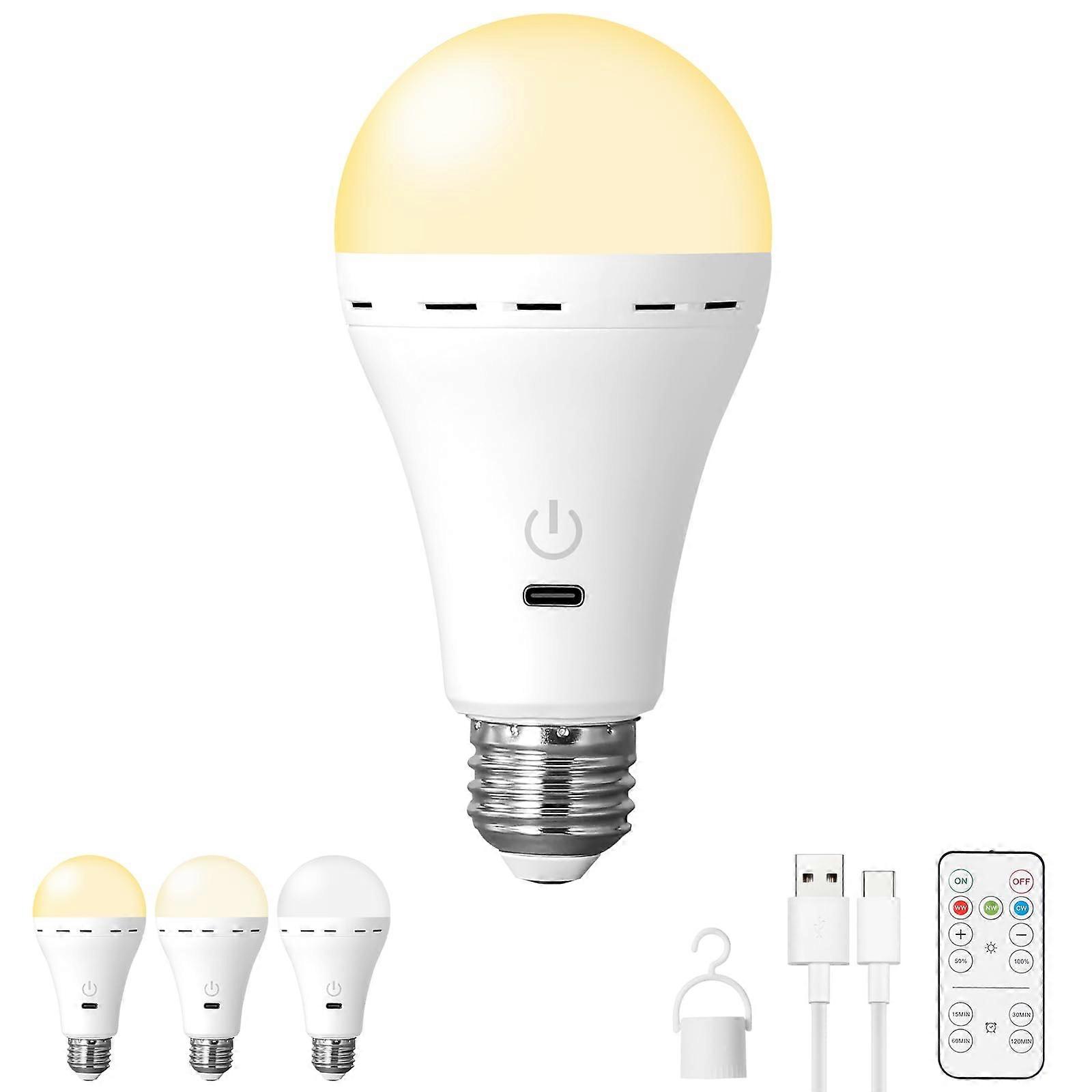 Rechargeable Light Bulb with Remote Control, E27 Wireless Dimmable LED, 2200mAh Battery Powered, Timer Function, No Electricity