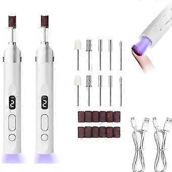 2-Piece 2-in-1 Electric Nail Drill Kit, Portable Rechargeable Cordless Nail File with LCD and LED Lamp for Thick Toenails, White