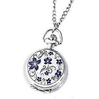 Paar-Modelle klassische Mode Retro Quarz kleine silberne Lotus blaue Blume Taschenuhr XKS