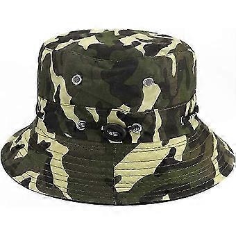 Wide Brim Sun Hat with Chin Strap, Side Buttons, and Ventilation Slots (Green Camo)