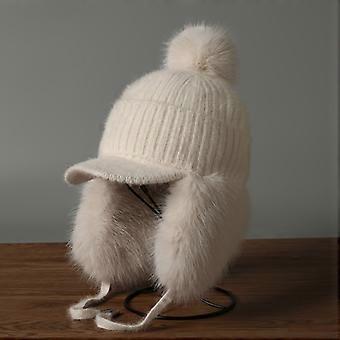 Women's Winter Plush Earflap Hat with Fluffy Pom Pom Balls, Thick Faux Fur Ear Protection, Short Brim and Tie Wrap for Skiing Cycling Outdoor
