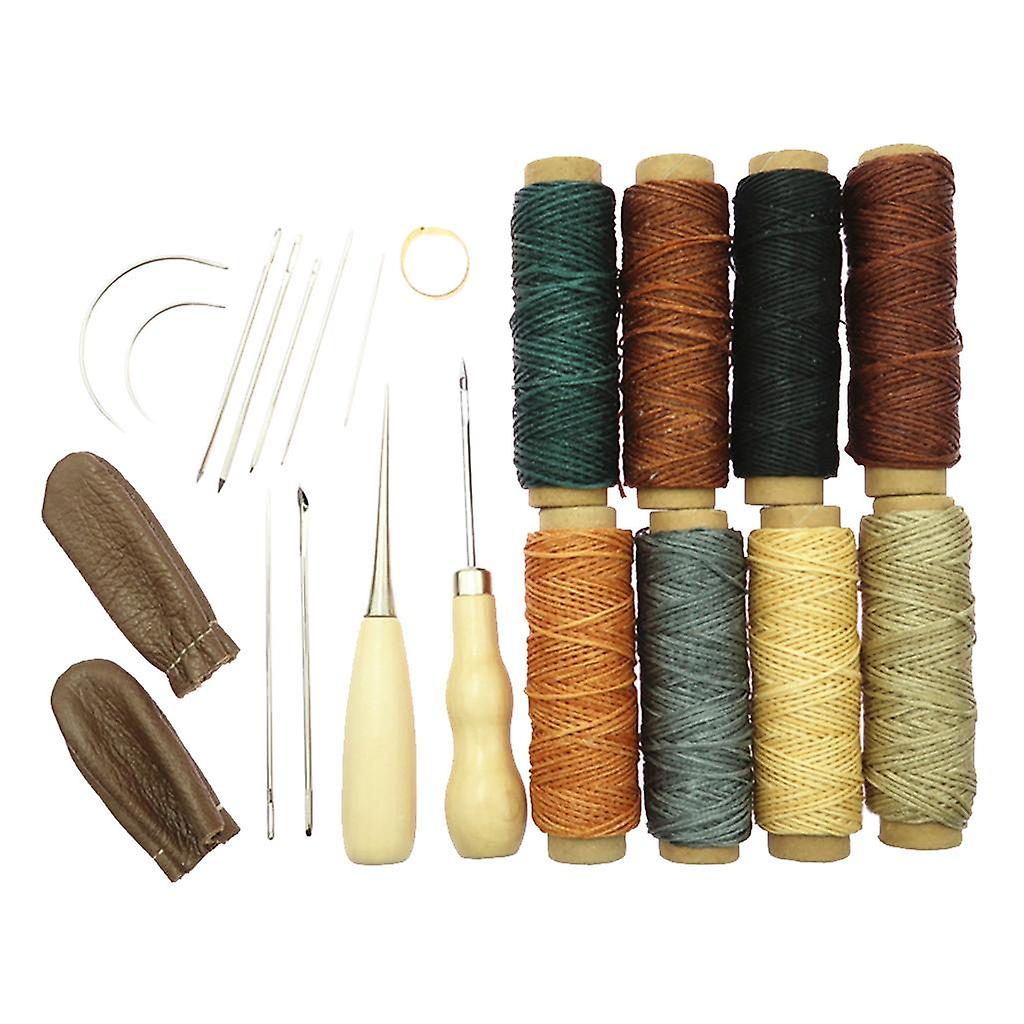 22pcs Leather Craft Hand Stitching Sewing Tools Awl Waxed Thread Thimble Kit